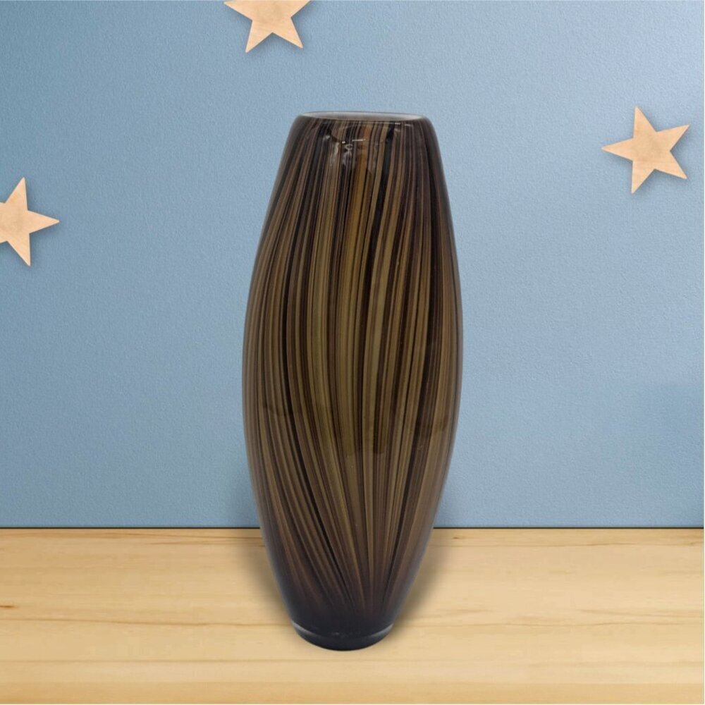 Blown Glass Vertical stripe 13" Tall Vase‎ Brown beige/sand colors accent decor